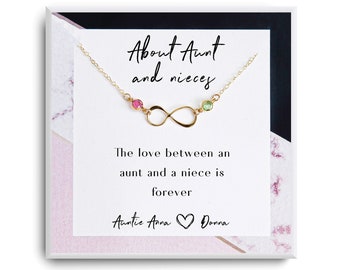 May include: A gold infinity necklace with pink and green gemstones. The necklace comes in a white box with a marble pattern and a card that reads "About Aunt and nieces. The love between an aunt and a niece is forever. Auntie Anna Donna".