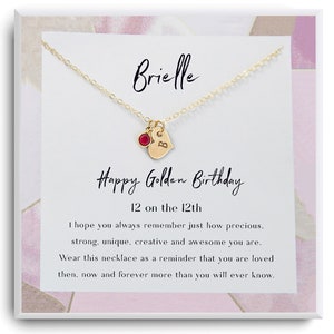 Colar de presente de aniversário dourado - Feliz Aniversário Dourado - Colar de pedra de aniversário personalizado - Menina de 12 anos - Colar com cartão
