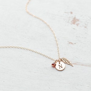May include: Gold necklace with a small red gemstone, a charm with the letter 'N' and a delicate angel wing charm.