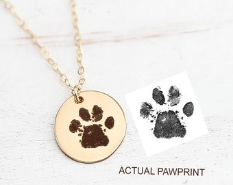 Actual pawprint on Necklace - Dogs Paw print Jewelry - Loss of Dog Necklace - Cat or Dog Pawprint - Gold, Silver- Engraved Paw Print Pendant