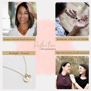 May include: A collage of images showcasing personalised jewellery with a delicate gold chain and a small round charm. The jewellery is handmade with love in Florida and is meant to make people feel loved and connected. The images also feature a woman smiling and a close-up of the jewellery being made.