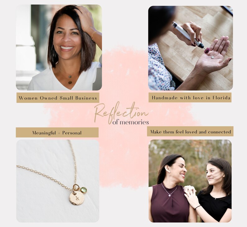 May include: A collage of images showcasing personalised jewellery with a delicate gold chain and a small round charm. The jewellery is handmade with love in Florida and is meant to make people feel loved and connected. The images also feature a woman smiling and a close-up of the jewellery being made.