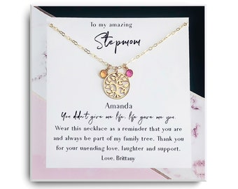 Stepmother Gift - Stepmother of the Bride - Stepmom Birthday Gift - Stepmother Wedding Gift  - Family Tree necklace - Gold, Silver Christmas
