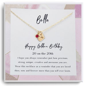 Goldene Geburtstagskette - Happy Golden Birthday - Personalisierte Geburtsstein Halskette - 20. Geburtstag Mädchen - Halskette mit Karte