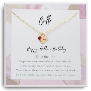 Colar de presente de aniversário dourado - Feliz Aniversário Dourado - Colar de pedra de aniversário personalizado - Menina de 16 anos - Colar com cartão