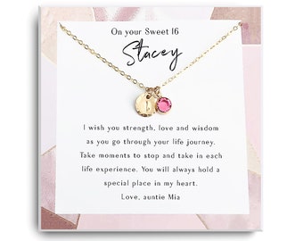 May include: A gold necklace with a small gold disc charm and a pink crystal charm. The necklace is displayed on a card with the text "On your Sweet 16 Stacey" and a message wishing the recipient strength, love, and wisdom. The card also says "Take moments to stop and take in each life experience. You will always hold a special place in my heart. Love, auntie Mia."