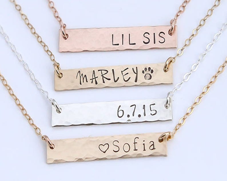 Hammered Gold Bar Necklace Texture Bar Necklace Gold Initial Necklace Custom Hand Stamped Bar Necklace mother day personalized image 2