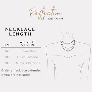 Puede incluir: Un gr&aacute;fico que muestra las longitudes de los collares y d&oacute;nde se sientan en el cuerpo. El gr&aacute;fico muestra tres longitudes: 16 pulgadas, 18 pulgadas y 20 pulgadas. El collar de 16 pulgadas se describe como estilo choker, el collar de 18 pulgadas se describe como en la clav&iacute;cula y el collar de 20 pulgadas se describe como debajo de la clav&iacute;cula. El gr&aacute;fico tambi&eacute;n incluye un dibujo de l&iacute;nea de una persona usando un collar.