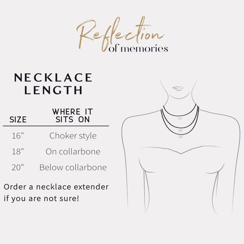 Puede incluir: Un gr&aacute;fico que muestra las longitudes de los collares y d&oacute;nde se sientan en el cuerpo. El gr&aacute;fico muestra tres longitudes: 16 pulgadas, 18 pulgadas y 20 pulgadas. El collar de 16 pulgadas se describe como estilo choker, el collar de 18 pulgadas se describe como en la clav&iacute;cula y el collar de 20 pulgadas se describe como debajo de la clav&iacute;cula. El gr&aacute;fico tambi&eacute;n incluye un dibujo de l&iacute;nea de una persona usando un collar.