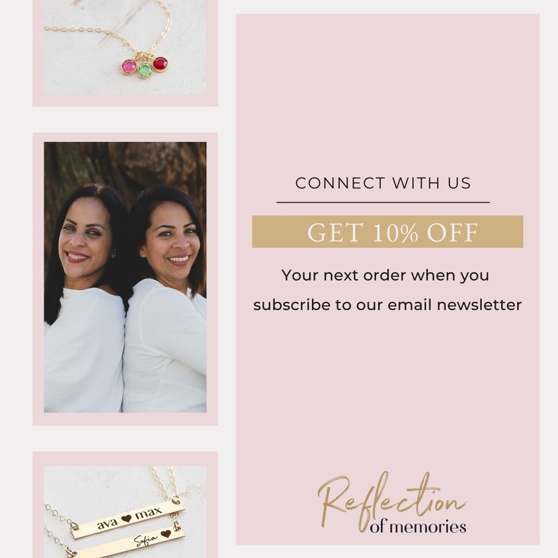 Puede incluir: Dos collares de barra de oro con nombres personalizados "ava", "max" y "Sofia" con s&iacute;mbolos de coraz&oacute;n. Los collares est&aacute;n sobre un fondo rosa. Obt&eacute;n un 10% de descuento en tu pr&oacute;ximo pedido cuando te suscribas a nuestro bolet&iacute;n de correo electr&oacute;nico.