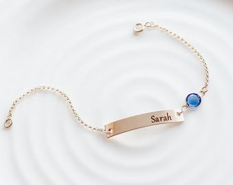 Birthstone Name Bracelet - Custom Birthstone Bracelet • Custom Date Bracelet • Personalized name Bar  Bracelet - Gold, Rose Gold, Sterling