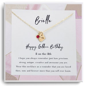 Colar de presente de aniversário dourado - Feliz Aniversário Dourado - Colar de pedra de aniversário personalizado - Menina de 11 anos - Colar com cartão