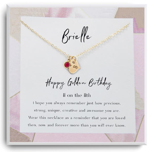 Golden Birthday Gift Necklace - Happy Golden Birthday - Personalized Birthstone necklace - 11th Birthday Girl - Necklace with card