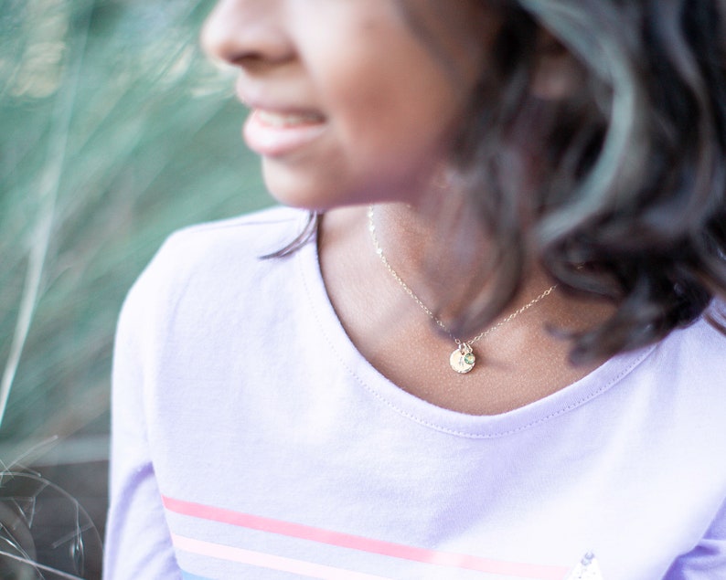 Double digits birthday gift — custom necklace with initial and birthstone for daughter’s 10th birthday.