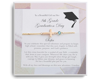 Regalos de graduación de octavo grado para niña - Pulsera con cruz personalizada - Graduada de octavo grado - Graduada de secundaria - Pulsera de graduación de escuela católica