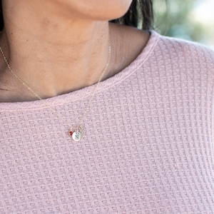May include: A gold chain necklace with a small round pendant featuring the letter "N" and a red gemstone. The necklace is worn by a person wearing a pink sweater.
