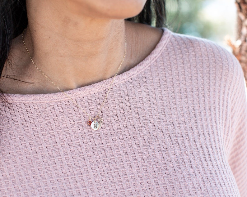 May include: A gold chain necklace with a small round pendant featuring the letter "N" and a red gemstone. The necklace is worn by a person wearing a pink sweater.
