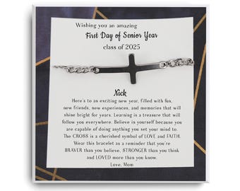 First Day Of Senior Year College High School- Cross Bracelet- Back To School Gift for boys, Senior Gift University Class Of 2025- 12th Grade
