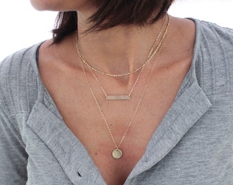 Layered Necklace Set - 3 Layer Necklace - Layered Bar Necklace, Dew drop and Hammered Disc Necklace  - Personalized 14K Gold filled , Silver