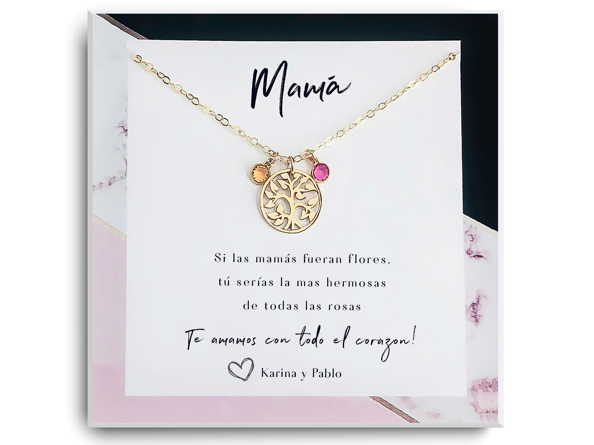 Collar Corazón Ópalo Para Mamá - Piedra Natal Octubre, Texto I Love You Mom, Regalo Día De La Madre