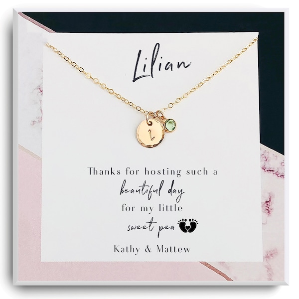 Cadeau de remerciement pour l’hôte de la baby shower - Collier cadeau d’hôtesse de baby shower - Collier initial personnalisé Cadeau Carte de remerciement Appréciation