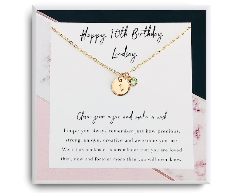 10th birthday necklace for girls — personalized initial and birthstone pendant for 10 year old girl gift.