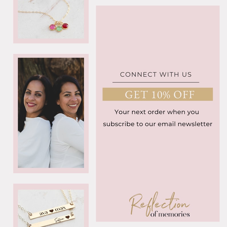 May include: Two gold bar necklaces with personalized names "ava", "max", and "Sofia" with a heart symbol between each name. The necklaces are on a pink background.  Get 10% off your next order when you subscribe to our email newsletter.