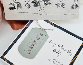 Collar de dibujo de niños reales - Collar de escritura a mano - Collar del día del padre personalizado - Regalos para él - Collar de etiqueta de perro para hombre - Regalo de esposo
