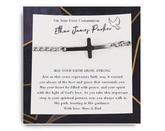 Boys first communion gifts -  Custom Gift for 1st Holy Communion- Personalized Engraved Bracelet - Cross Bracelet with name - Christian Gift