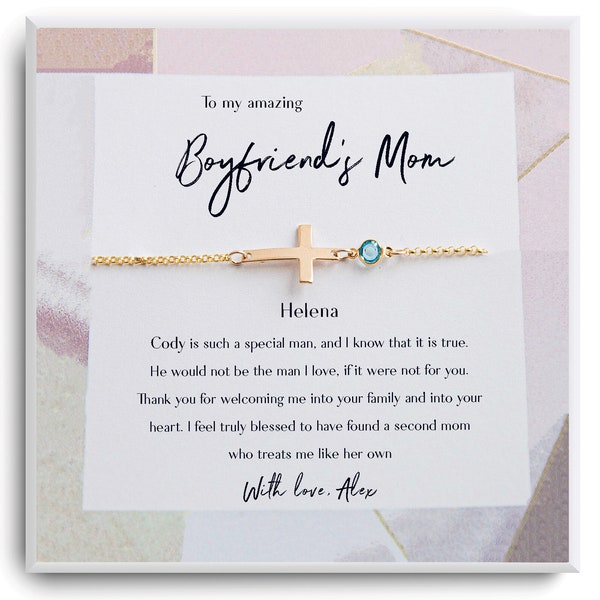 To My Boyfriends Mom Gift- Gift for Boyfriend's Mom - Boyfriend's Mom Gift - Boyfriends mom mothers day Bracelet - Cross Birthstone Bracelet