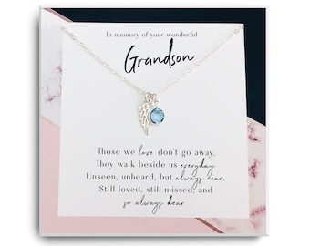 Loss of Grandson Memorial Gift - Grandson Memorial Necklace  - In Memory of, Memorial Jewelry - Sympathy Gift - Birthstone, Angel Wing