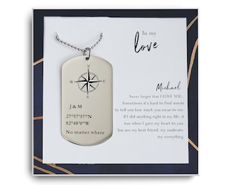 Personalized Dog Tag Necklace - Custom Necklace for Men • Anniversary Gift - Coordinates - Wedding Gift  - long distance gift for boyfriend