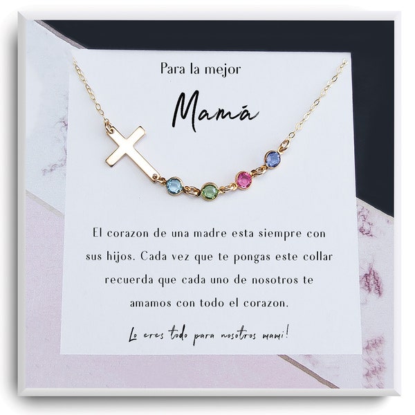 Collier de regalo para mamá - Cadeau pour mamá - Dia de la madre - Cumpleaños - Collier Croix Pierre de Naissance pour maman - Bijoux maman personnalisés