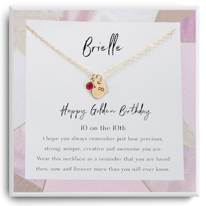 Colar de presente de aniversário dourado - Feliz Aniversário Dourado - Colar de pedra de aniversário personalizado - 10º aniversário de menina - Colar com cartão