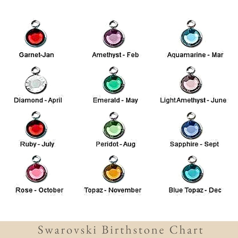 May include: A chart showing the Swarovski birthstones for each month of the year. The chart features a small, round, jeweled charm for each month, with the name of the birthstone and month written below each charm.