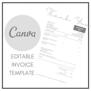 Puede incluir: Una plantilla de factura editable con un diseño minimalista. La plantilla incluye campos para la información del cliente, descripciones de servicios, cantidad y importe total. El logotipo de Canva es visible, junto con el texto "Gracias".