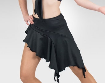 May include: Black dance skirt with a ruffled asymmetrical hemline. The skirt is made of a stretchy, comfortable fabric and is perfect for dance performances.