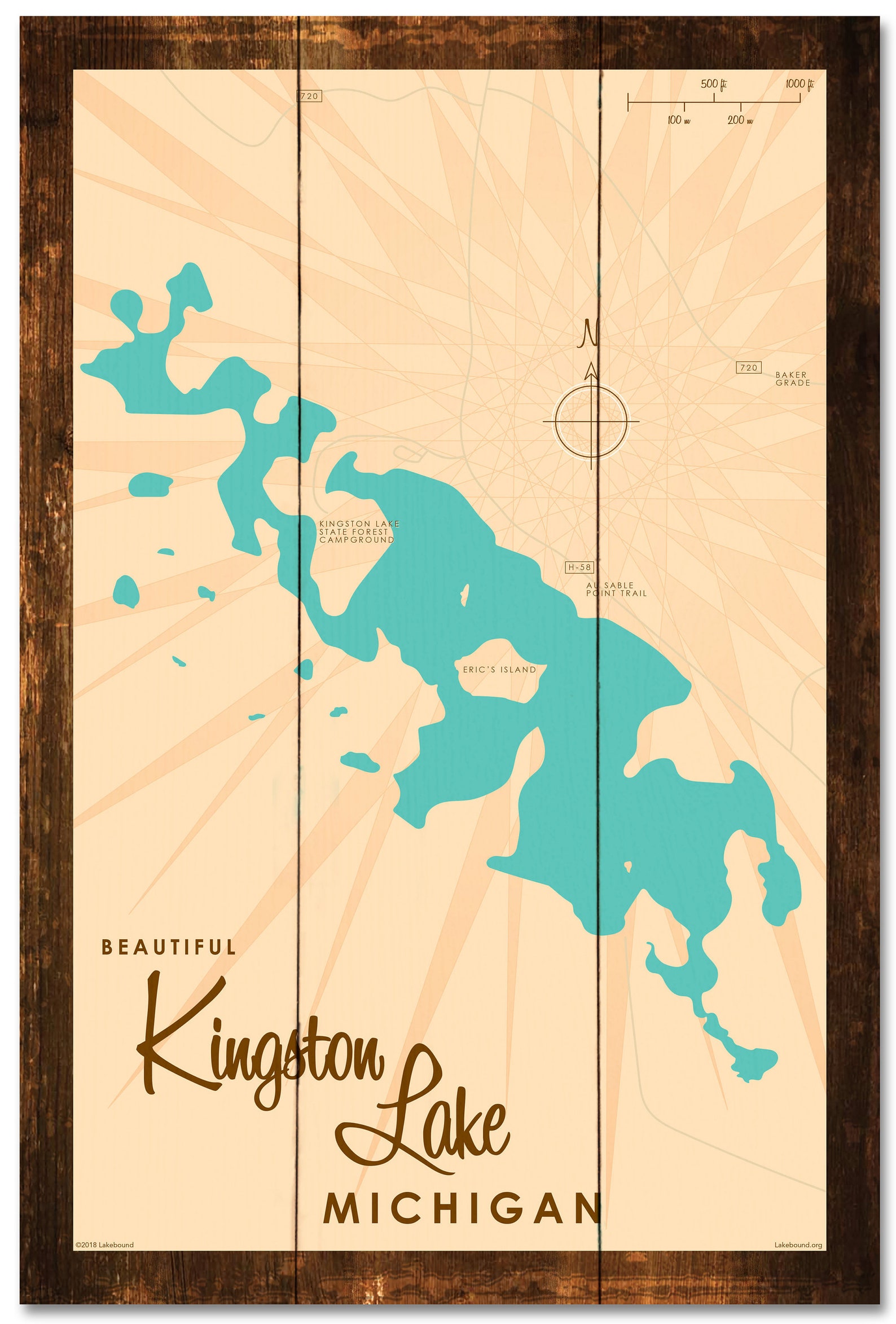 Kingston Lake Michigan Rustic Wood Sign Map Art Etsy