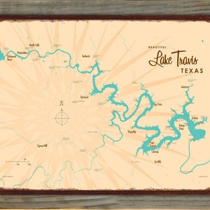 Lake Travis Texas | Lake House Décor | Cabin Art | Custom Map Gifts | Wood-Mounted Rustic Metal Sign Map Art