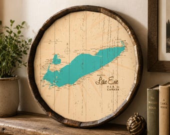Lake Erie Great Lakes Map Wall Art, Rustic Oval Barrel End Sign for USA Canada Shoreline Home, Nautical Office or Hometown Gift