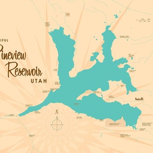 May include: A map of Pineview Reservoir in Utah, with the words "Beautiful Pineview Reservoir Utah" in a decorative font. The reservoir is teal against a tan background, with compass rose and radiating lines.