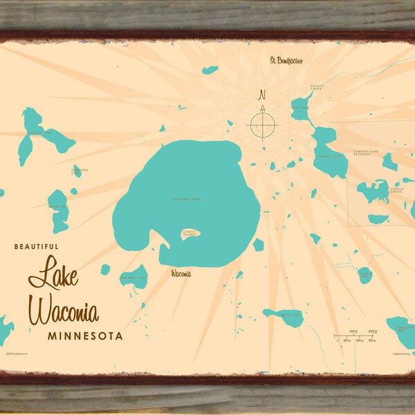 Lake Waconia Minnesota | Lake House Décor | Cabin Art | Custom Map Gifts | Wood-Mounted Rustic Metal Sign Map Art