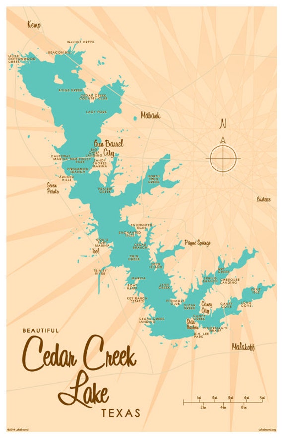 Cedar Creek Lake Tx Map Art Print Etsy