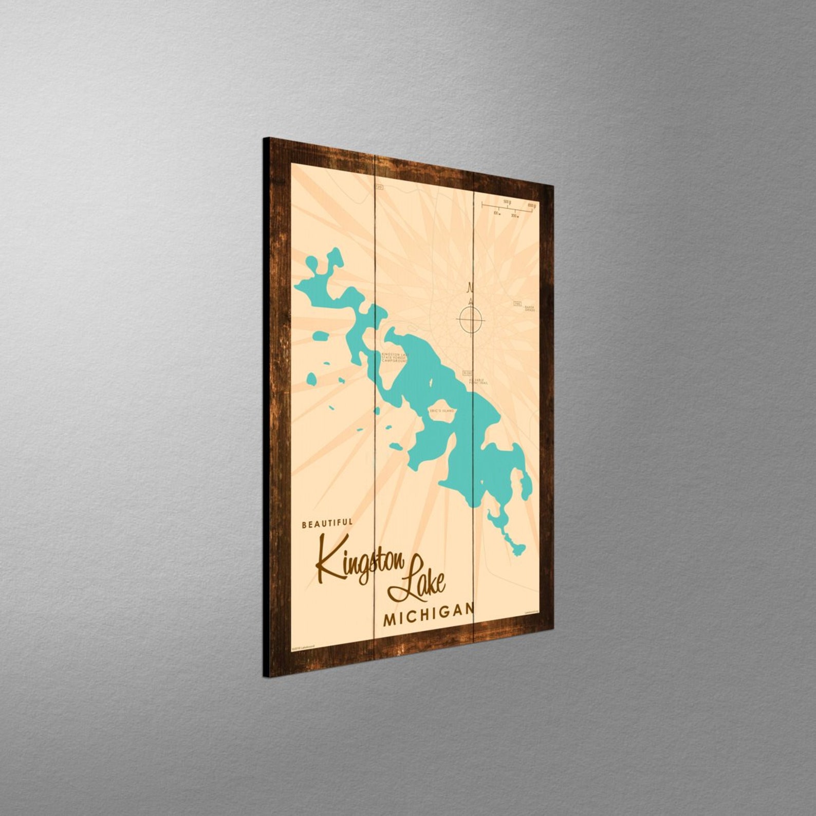 Kingston Lake Michigan Rustic Wood Sign Map Art Etsy