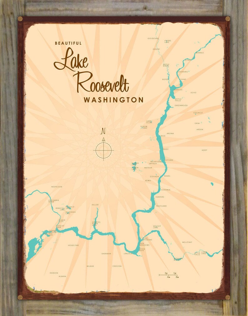 Lake Roosevelt Washington Wood-Mounted Rustic Metal Sign Map Art