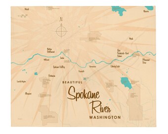 Río Spokane, Washington / Decoración de casas en el lago / Arte de cabaña / Regalos con mapas personalizados / Manta
