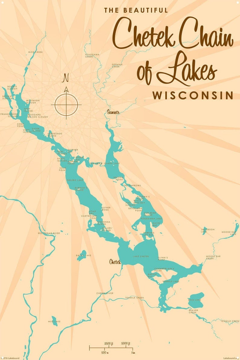 Chetek Chain of Lakes Wisconsin Metal Sign Map Art Etsy