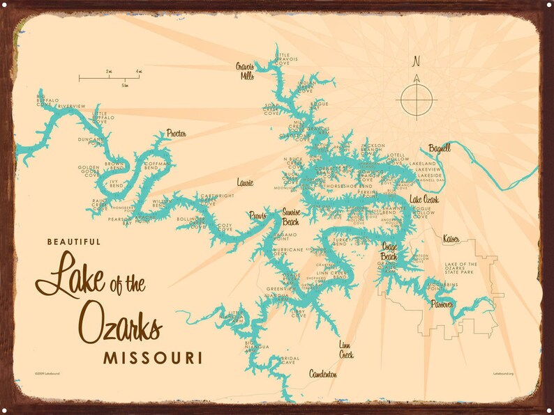 Lake of the Ozarks Missouri (with Mile Markers), Rustic Metal Sign Map Art.