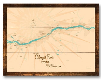 Mapa artístico de letreros de madera rústica de Columbia River Gorge, OR, Washington