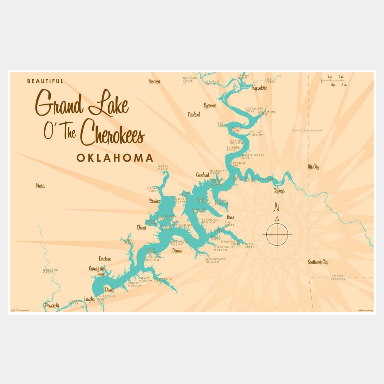Map Of Grand Lake Ok Grand Lake O' The Cherokees Oklahoma Paper Print Map Art | Etsy Ireland